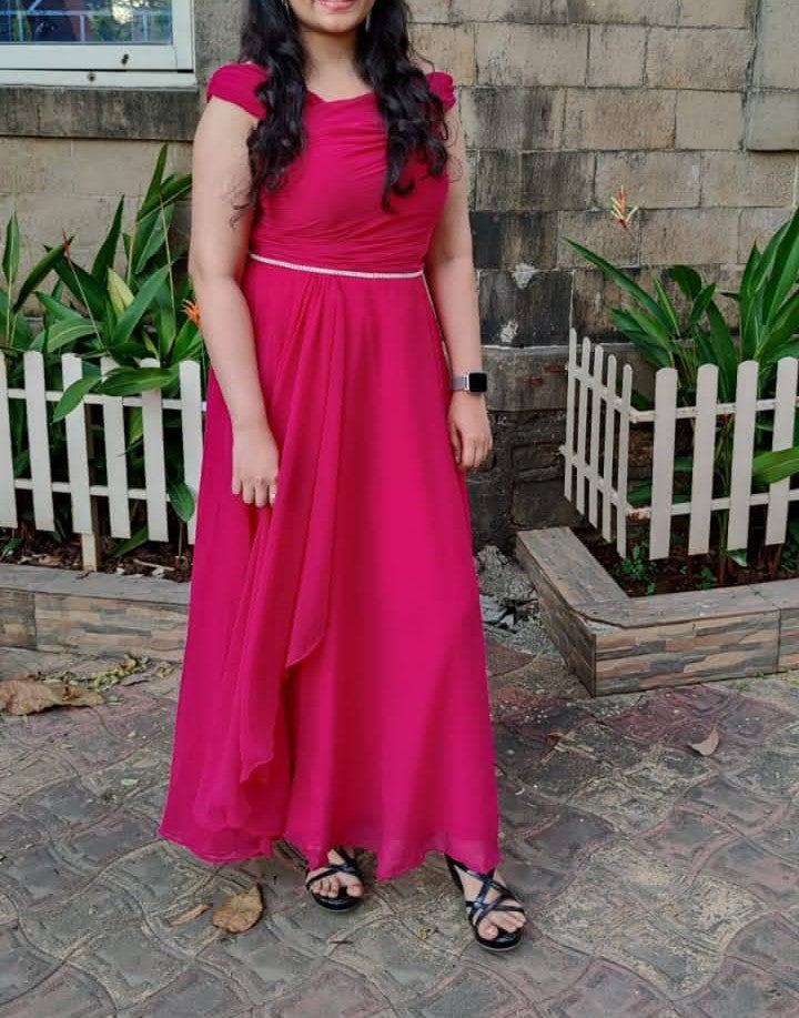 Pink Off-Shoulder Flared Gown