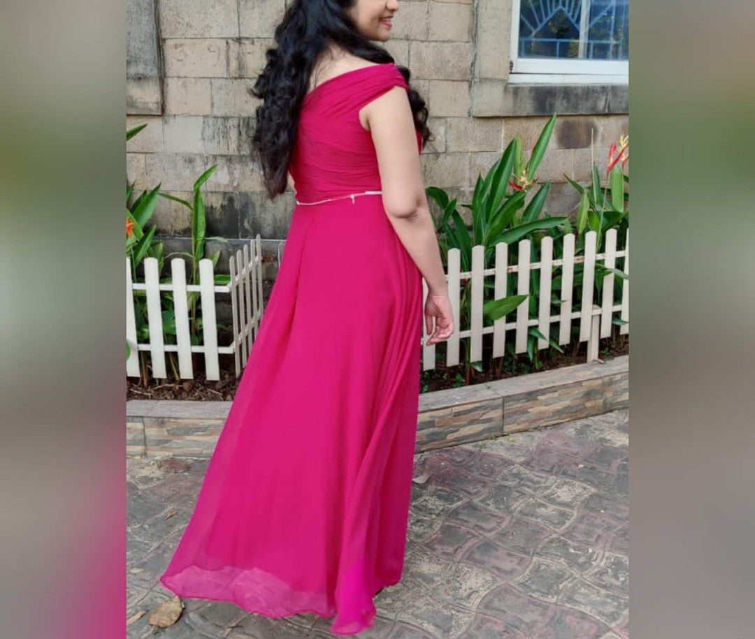 Pink Off-Shoulder Flared Gown